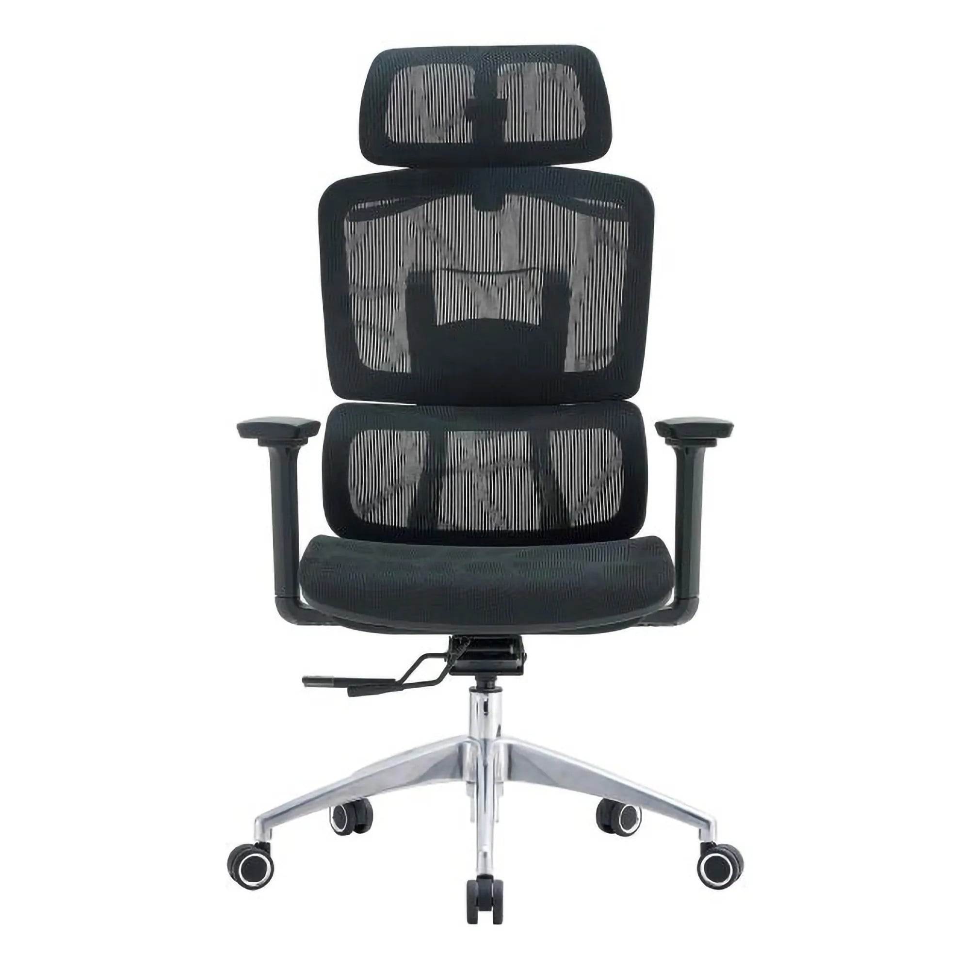 The Black Mesh with Aluminium Frame High-back Office Chair Features a Mesh Back, Adjustable Headrest, 3D Arms, and an Aluminium Base with Nylon Castors.