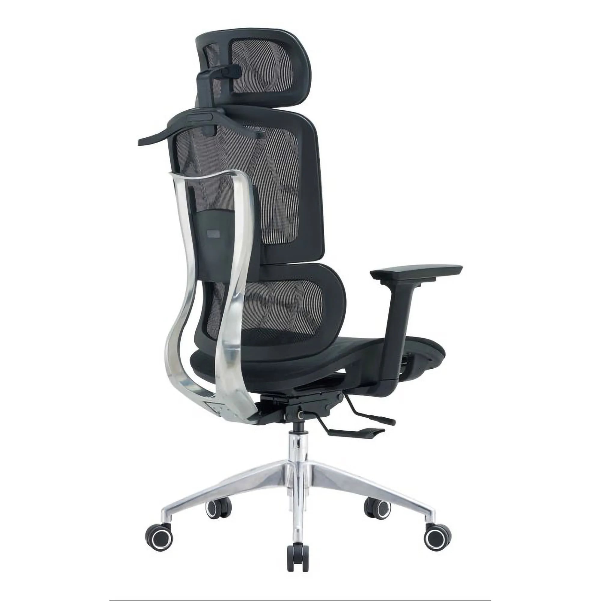 The Black Mesh with Aluminium Frame High-back Office Chair Features a Mesh Back, Adjustable Headrest, 3D Arms, and an Aluminium Base with Nylon Castors.