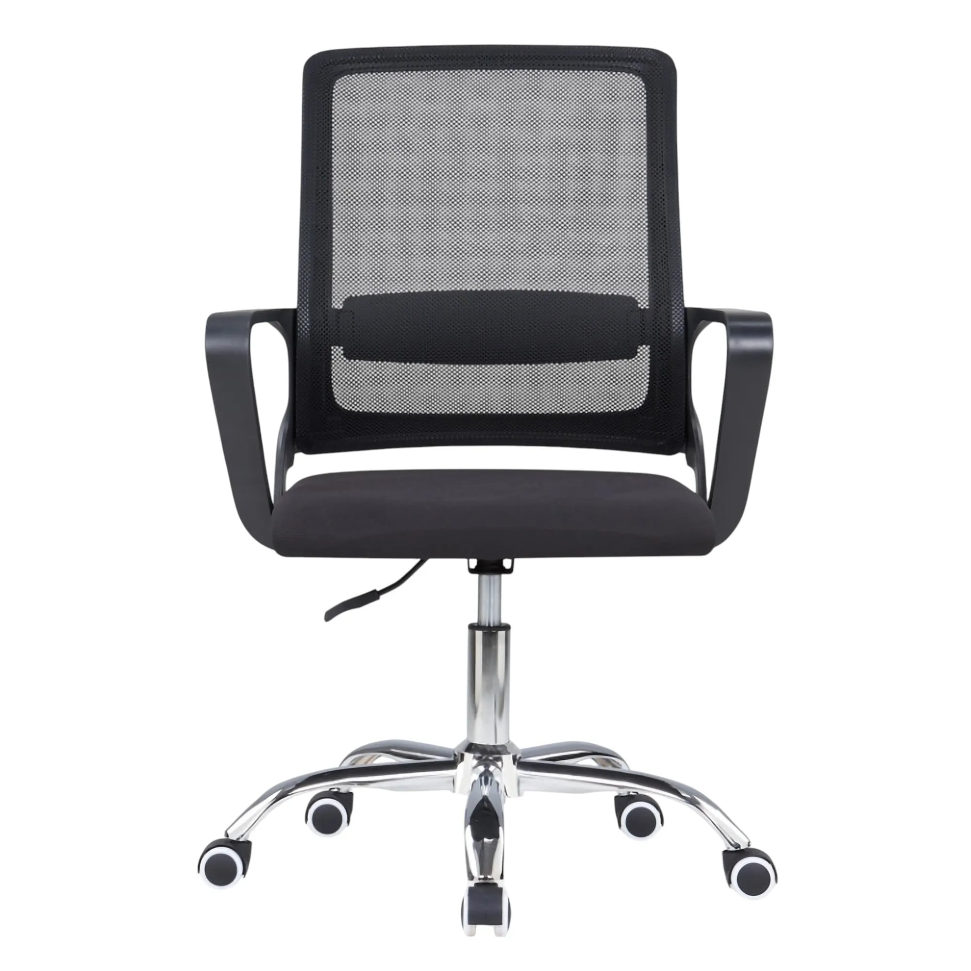 Black Mesh Office Chair with Chrome Frame, Medium-back, and Adjustable Height Mechanism, Featuring a Breathable Mesh Design and Ergonomic Support, on a Five-Star Base with Castors, from Brand 67, Model C4029.