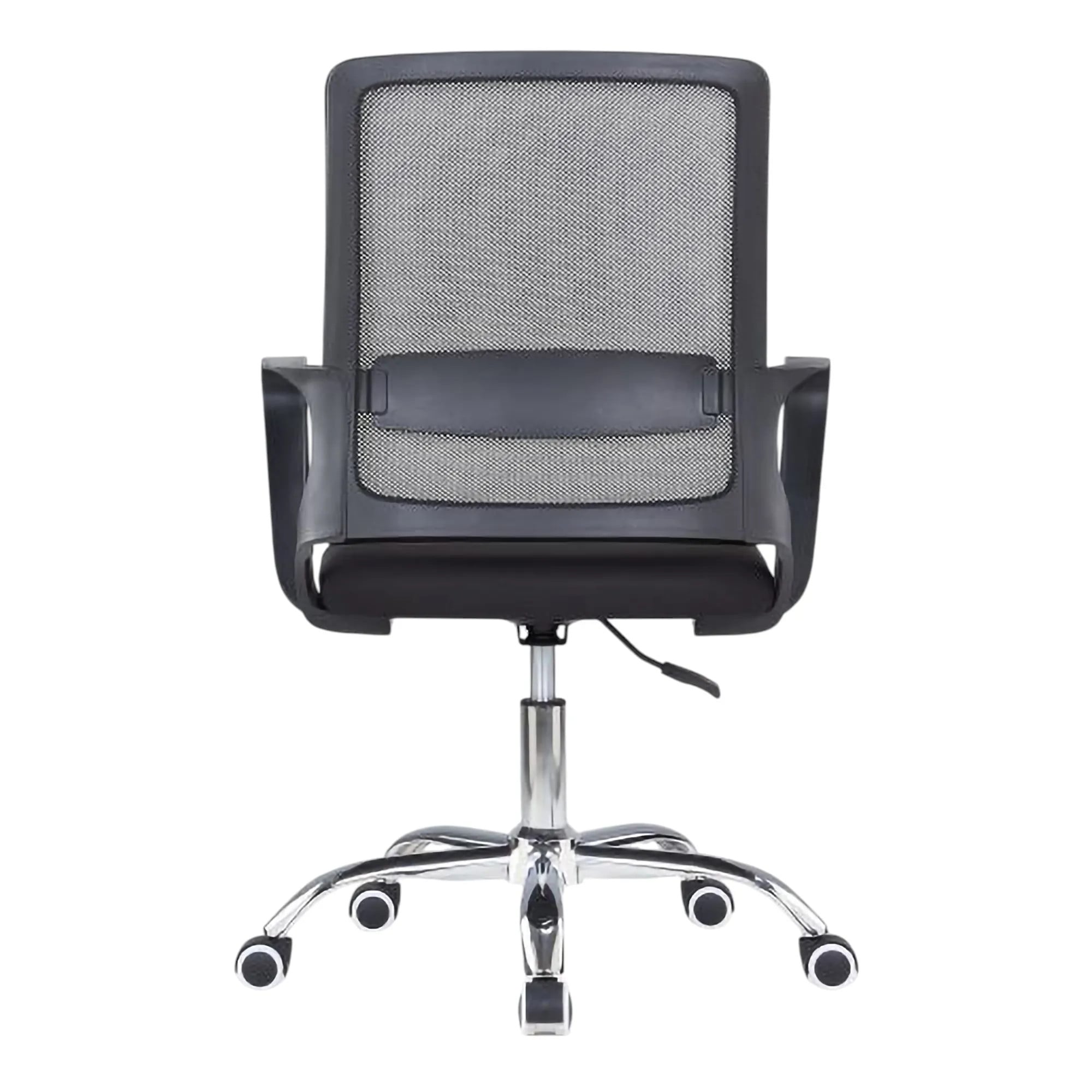 Black Mesh Office Chair with Chrome Frame, Medium-back, on Five Wheels, Suitable as Corporate Furniture, Featuring Ergonomic Design and Breathable Mesh Material, from Brand 67, in a Sleek and Modern Style.