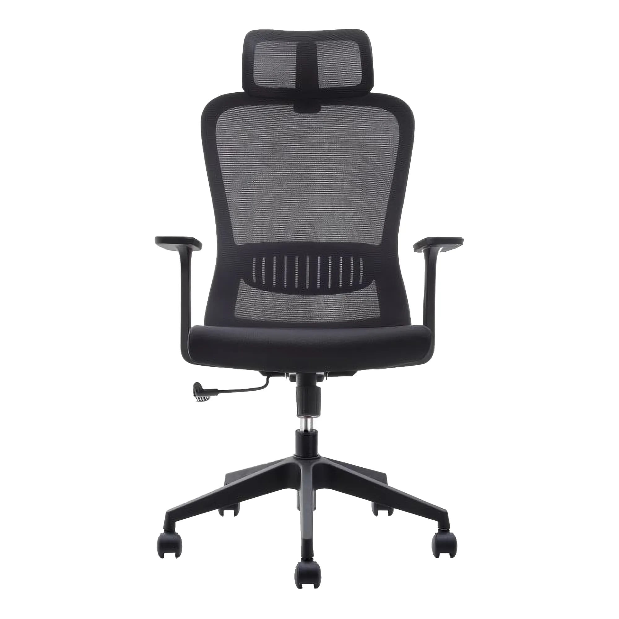 Black Ergonomic Work Chair with Mesh Back and Black Nylon Frame, High-back Design and Adjustable Features, from Brand 67, Featuring a Sturdy Base with Wheels, Presented in a Sleek and Modern Style.