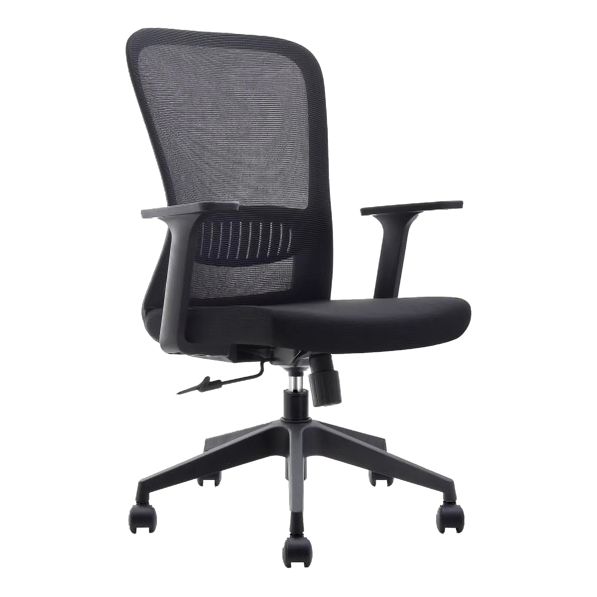 Black Mesh Office Chair with Black Nylon Frame, Medium-back, and Lumbar Support, Featuring a Sleek Design and Adjustable Features, from Brand 67, Showcasing a Sturdy Base and Armrests, Ideal as a Lumbar Support Chair.