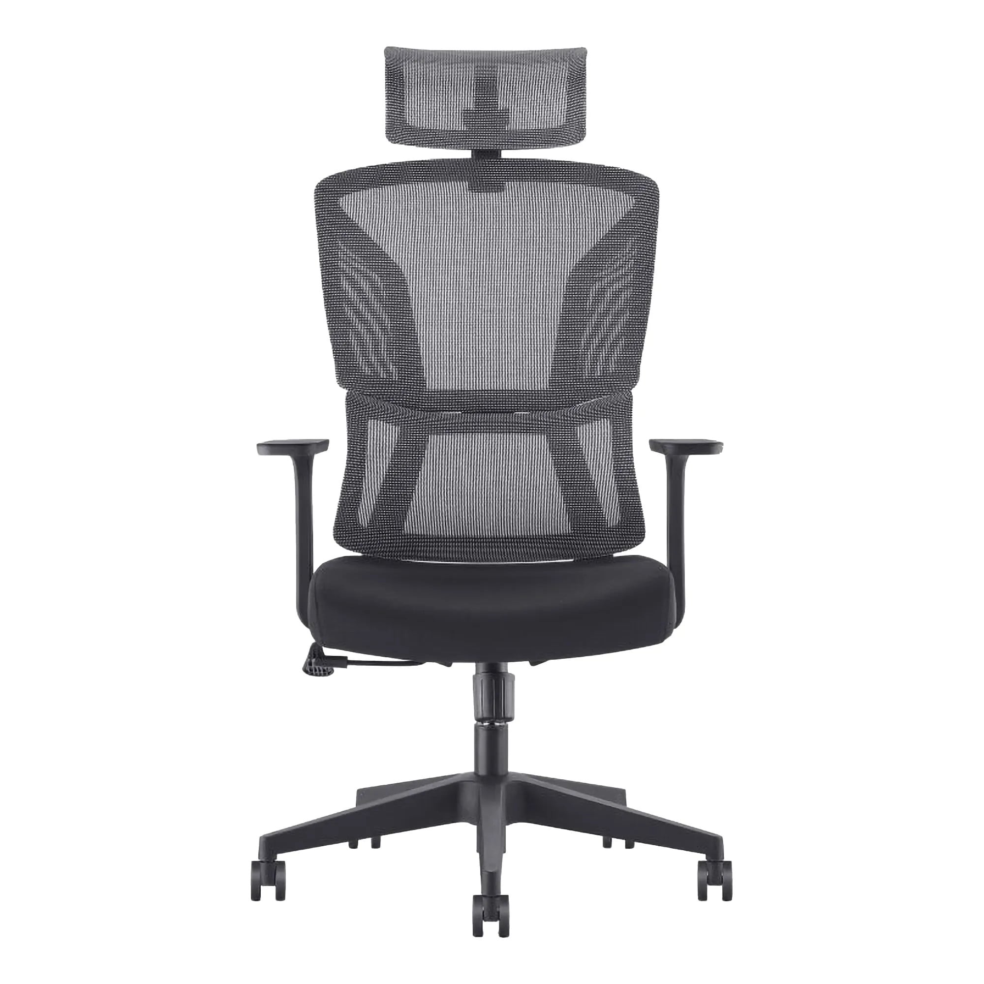 Black Mesh High-back Office Chair with Adjustable Headrest and Black Nylon Frame, Ideal for Corporate Office Seating, Featuring a Sturdy Base and Armrests, from Brand 67, Showcasing Comfort and Support.