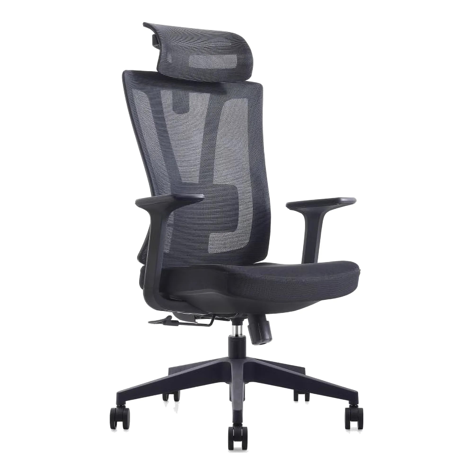 Black Mesh Office Chair with Adjustable Headrest and Black Nylon Frame, High-back Design, on Five-Star Base with Wheels, from 67 Brand, Showcasing Ergonomic Features and Sturdy Build, Ideal as a Nylon Frame Chair.