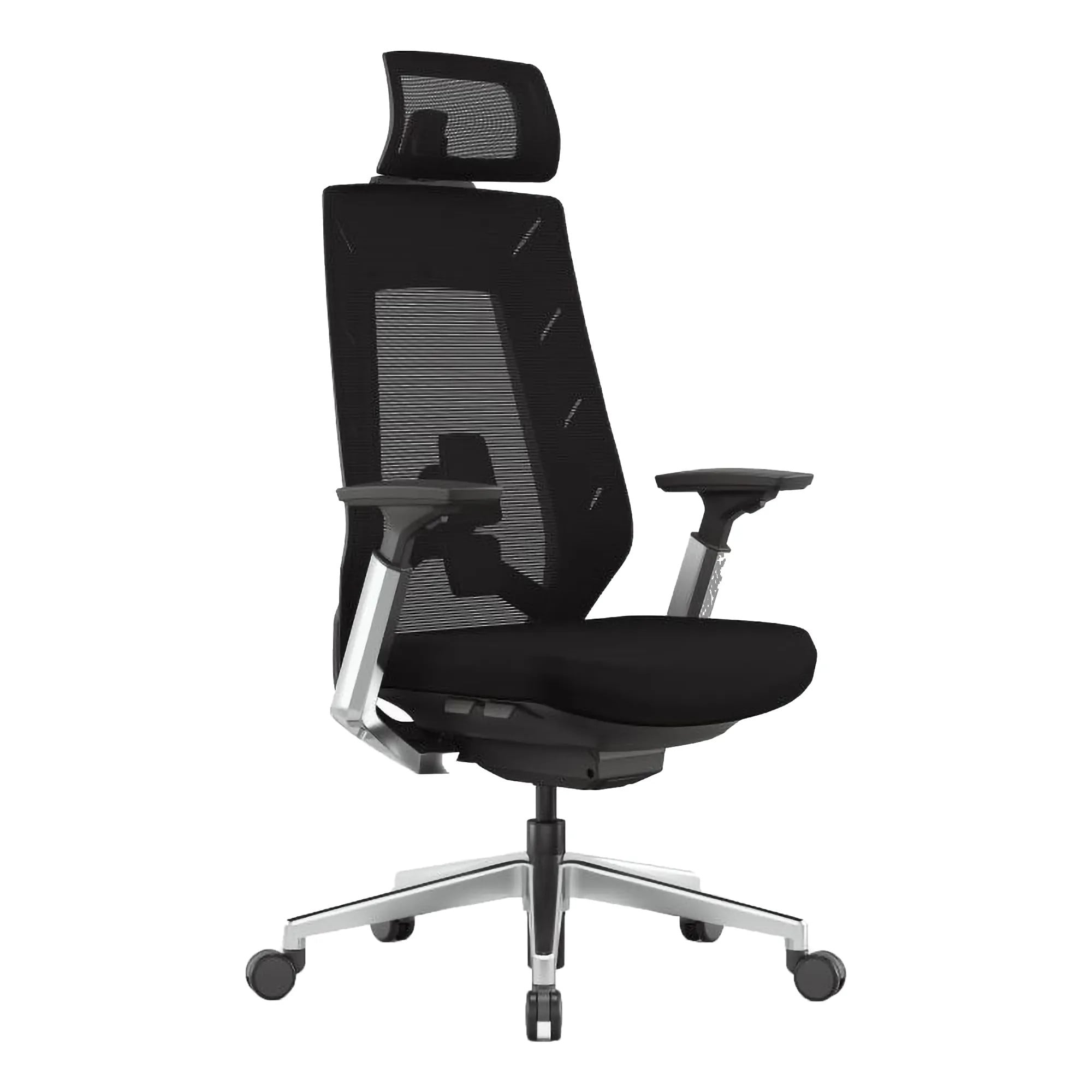 Black Ergonomic Office Chair with Chrome Frame and High Backrest, Featuring Mesh Material and Adjustable Headrest, on a Five-Star Silver Base with Black Casters, Providing Comfort and Support for Long Working Hours.