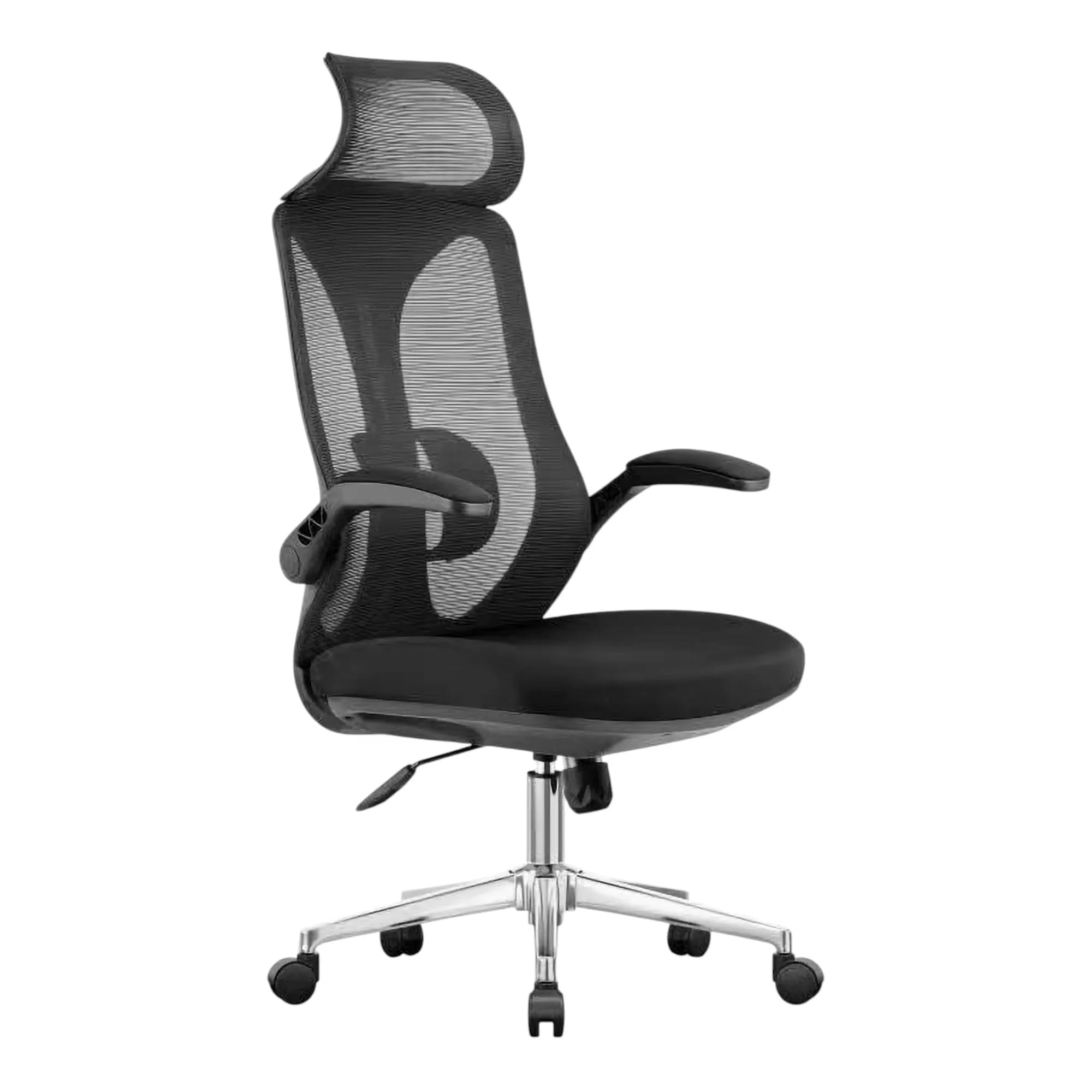 The Black Mesh with Chrome Frame High-back Office Chair Features a Tall Black Mesh Back, Fixed Armrests, Padded Seat, and a Chrome Star Base with Castors.