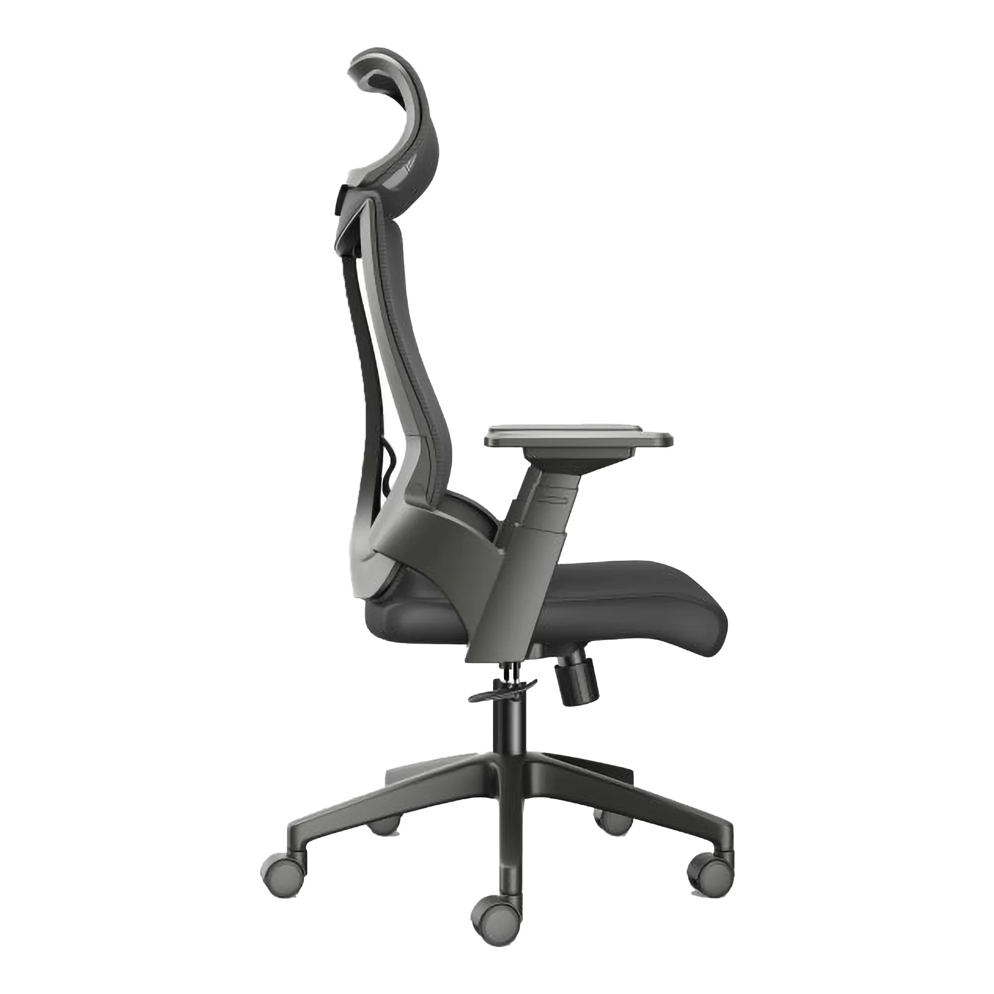 The Black Mesh with Black Nylon Frame High-back Office Chair Features a Mesh Backrest with Headrest, Black Nylon Frame, Armrests, and Base with Castors.