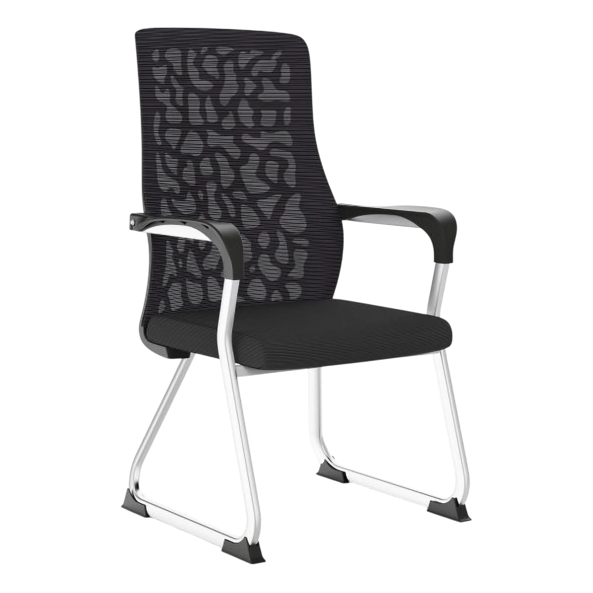 The Black Mesh with Chrome Frame Visitor Office Chair Features a Mesh Backrest, Padded Seat, Chrome Sleigh Frame, and Armrests with Nylon Caps.