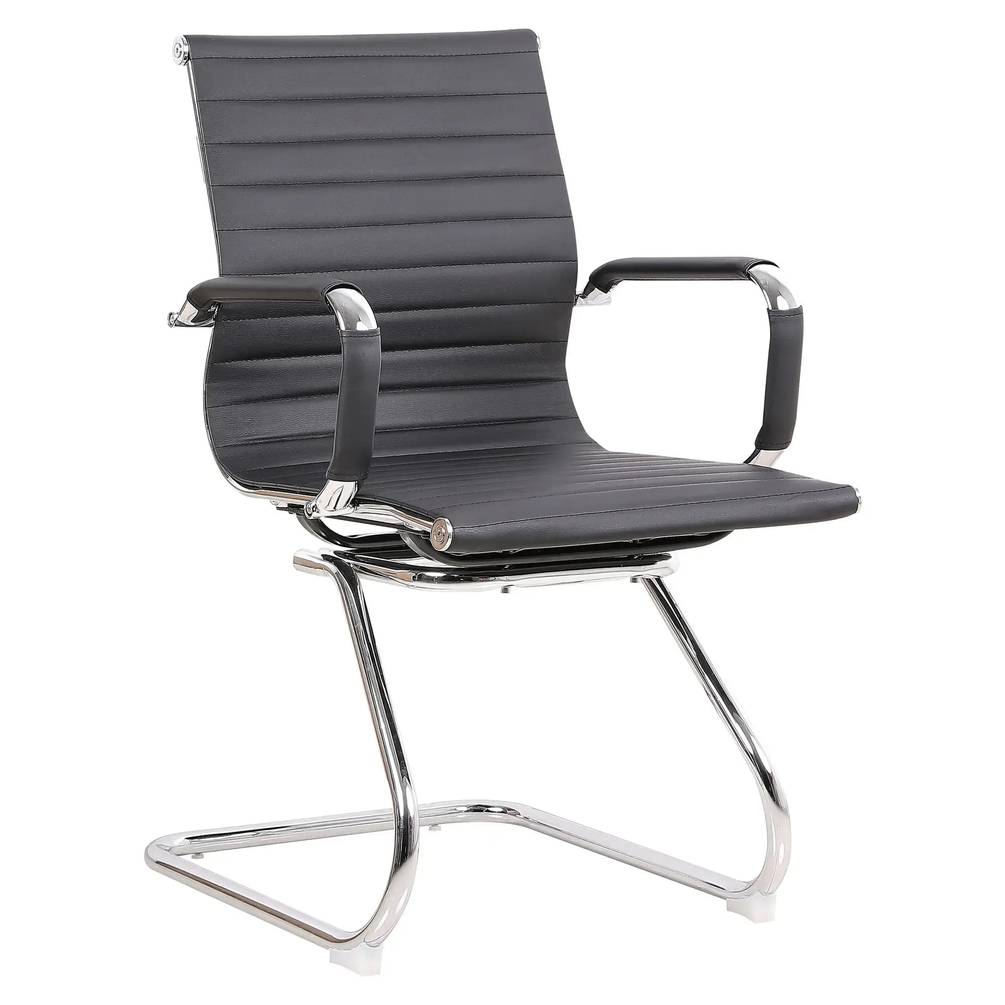 A Stylish Eames-Inspired Visitor Office Chair with a Sleek Chrome Frame and PU Leather Finish. Features Chrome Armrests with Padded PU Sleeves and a Sturdy Chrome Sleigh Base.