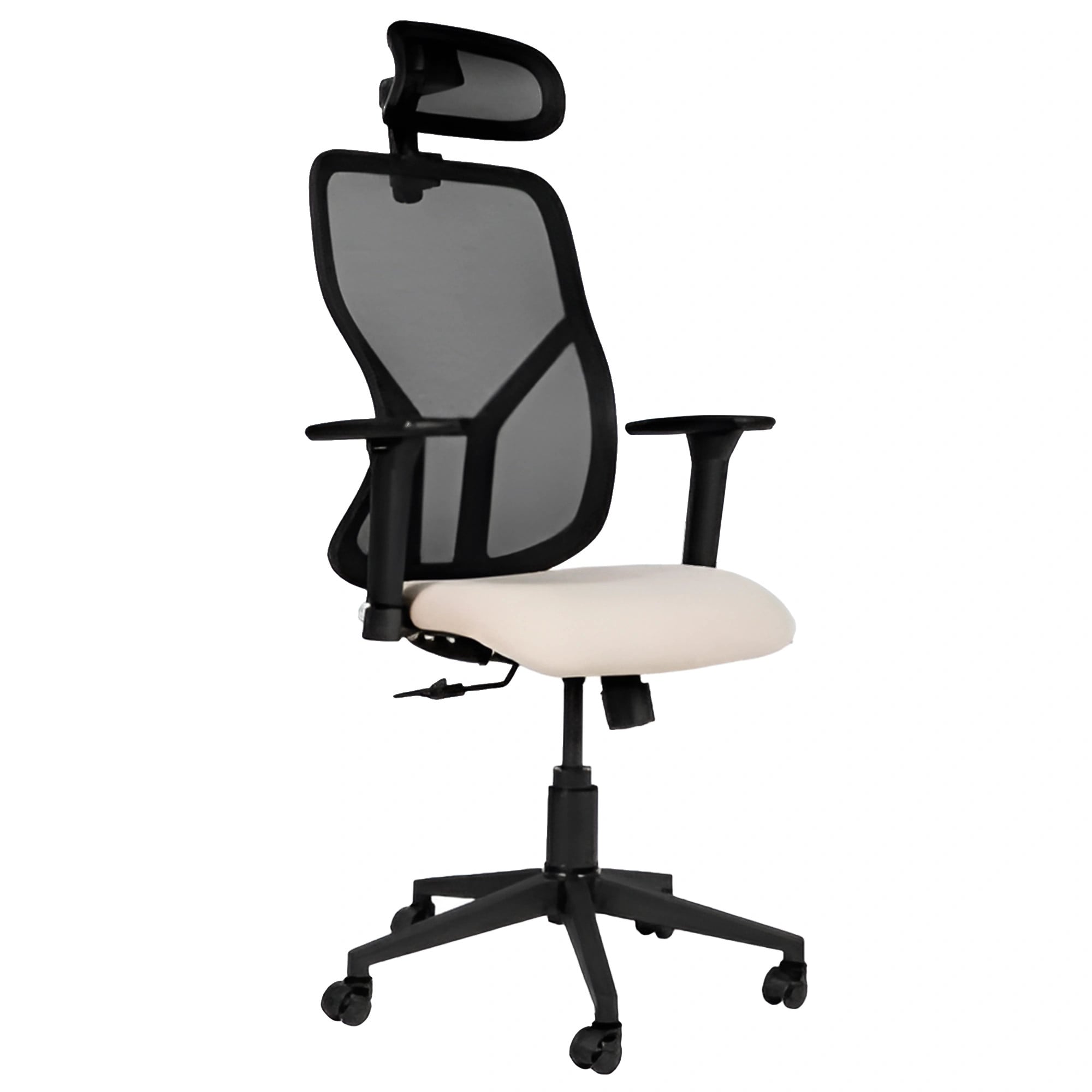A Modern Mesh High-back Office Chair with a Black Frame, Black Mesh Backrest, and Light Upholstered Seat on a 700 mm Black Nylon Spider Base.