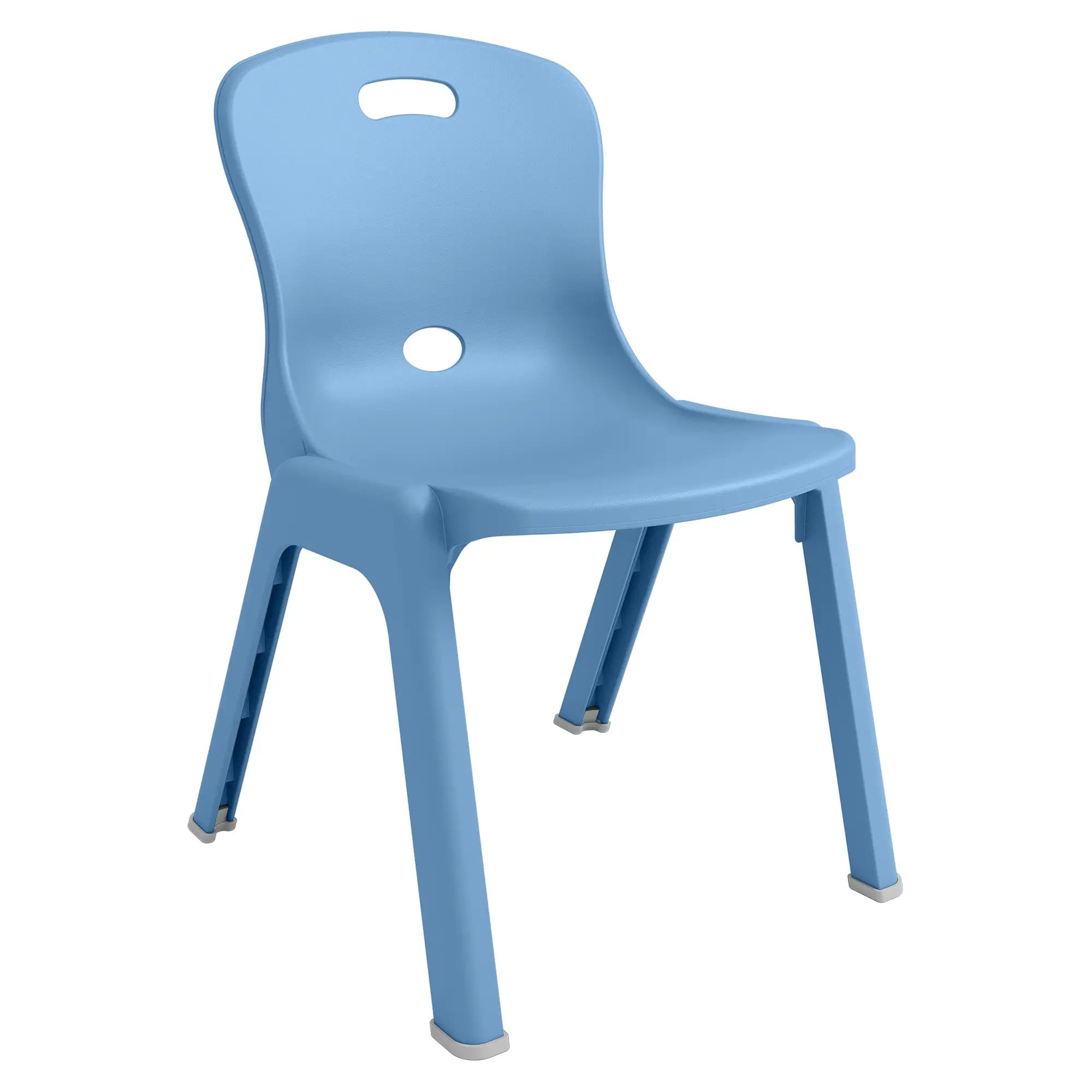 Ergomax School Chair 375 mm, a Blue Polypropylene Chair with a Curved Back and Four Legs, Designed for Nursery, Primary, and High School Students, Featuring a Hole for Carrying and Ergonomic Design for Comfort.