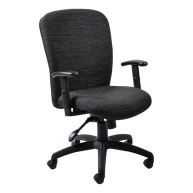 Diva Medium-back Office Chair by Office Stock South Africa, Featuring a Dark Grey Fabric Seat and Backrest, Black Armrests, and a Sturdy Black Base with Five Wheels, Showcasing a Sleek and Ergonomic Design.
