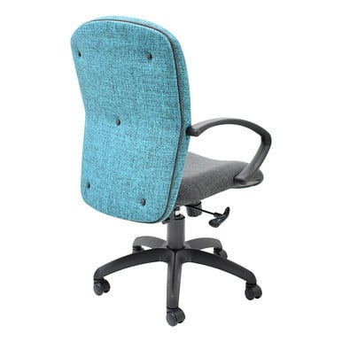 Diva Medium-back Office Chair by 67, Featuring a Teal Backrest, Grey Seat, and Black Frame, on a Five-Star Base with Wheels, Ideal for Comfort in a Corporate Office Chair Setting.