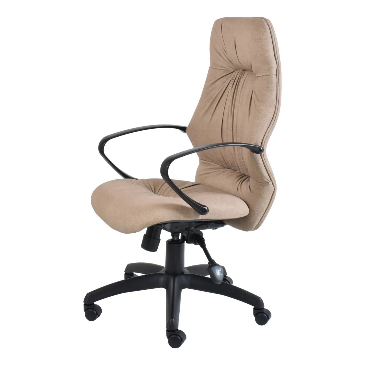 Tan Leather Jasmin High-back Office Chair by Office Stock South Africa, Featuring Tufted Seat and Backrest, Black Metal Armrests and Base, and Adjustable Functionality, Ideal for Comfort and Support as One of the Top Adjustable Office Chairs.