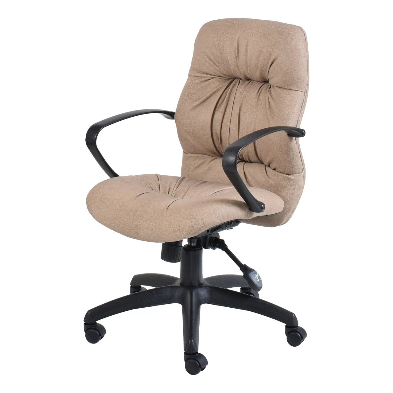 Jasmin Medium-back Office Chair by Office Stock South Africa, Featuring a Tan Upholstered Seat and Backrest with Black Arms and Base, an Ergonomic Design Perfect for Ergonomic Chairs South Africa, Offering Comfort and Support.