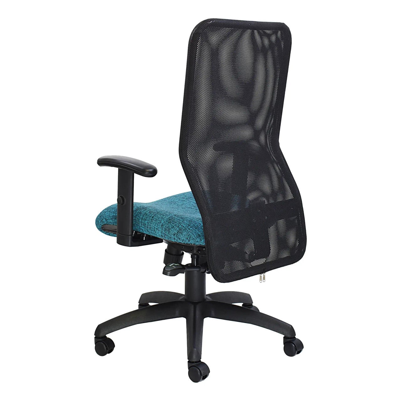 Black Mesh High-back Office Chair with Teal Seat, Adjustable Height Chair Features a Synchro Lock Mechanism and Ergonomic Design, Five-Star Base with Wheels, by 67 Brand, Showcasing Comfort and Support for Workspace Environments.