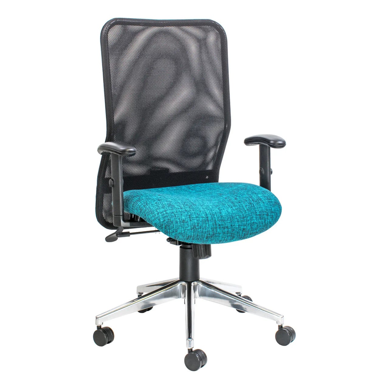 Black Mesh High-back Office Chair with Teal Seat, Adjustable Height Chair Features a Silver Base with Wheels, Ergonomic Design, and Synchro Lock Mechanism for Optimal Comfort and Support, by Office Stock South Africa, 67 Brand.