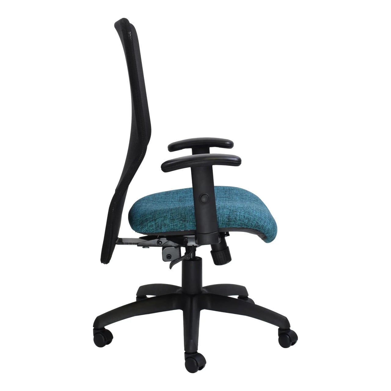 Teal Ergonomic Chair with Black Frame and Mesh Back, Featuring a High Backrest and Adjustable Armrests, on Five Caster Wheels, Showcasing Comfortable and Supportive Design, from Office Stock South Africa's 67 Brand, Lisa Mesh High-back Model.