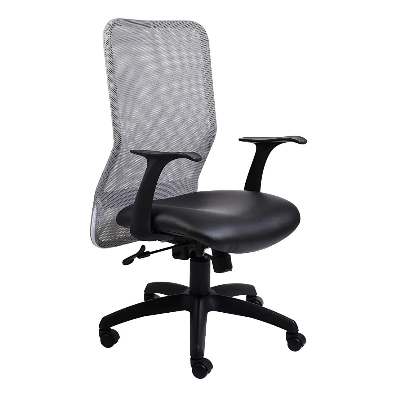 Black comfortable office chair with gray mesh back, adjustable armrests, and five-star base, featuring a high back design and sleek, modern aesthetic, from the 67 brand, showcasing a sturdy and ergonomic Lisa Mesh High-Back Office Chair.