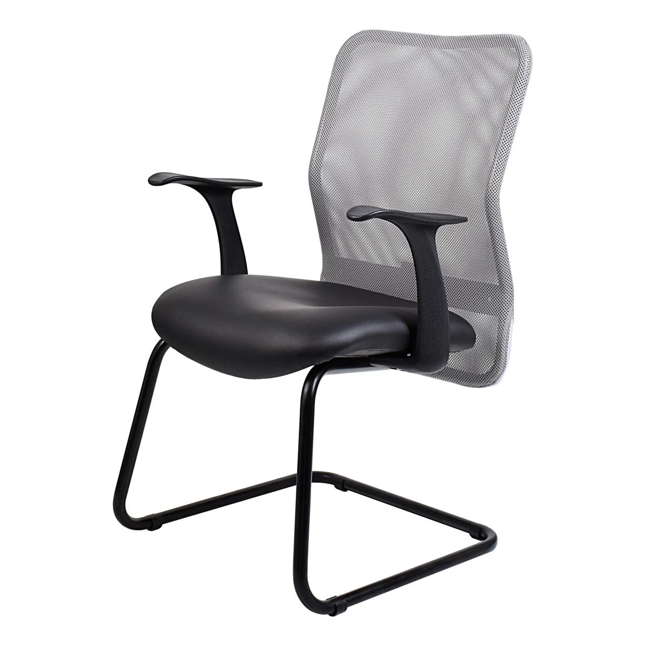 Lisa Mesh Visitor Office Chair with Black Frame, Armrests, and Cushioned Seat, Featuring a Breathable Grey Mesh Back, Presented on a White Background, Showcasing Its Ergonomic Design and Stylish Aesthetic.