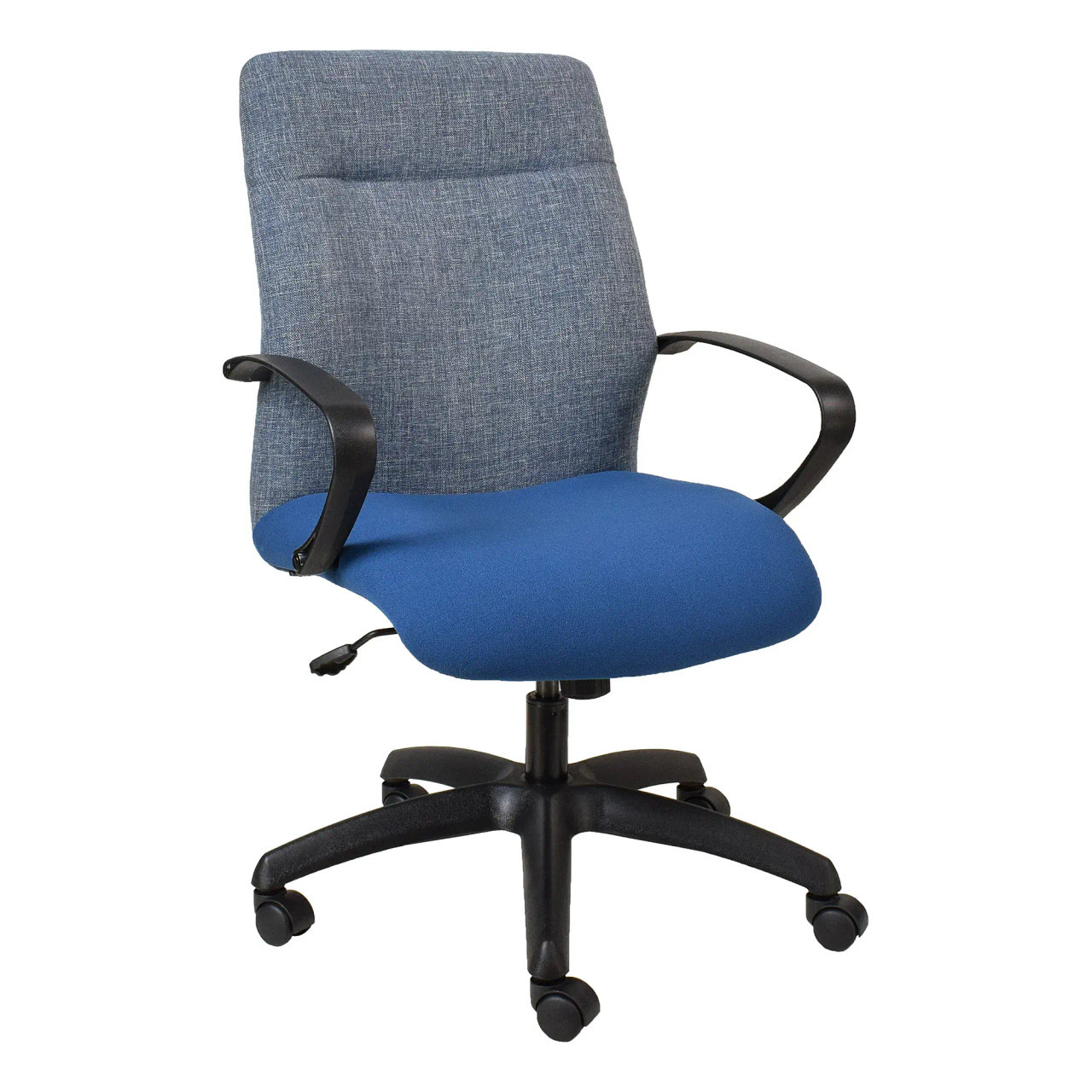 Rhona Posture Medium-back Office Chair by 67, Featuring Blue Fabric Seat and Grey Backrest, Black Armrests and Base, Offering Comfortable Office Seating with Ergonomic Design and Adjustable Features.