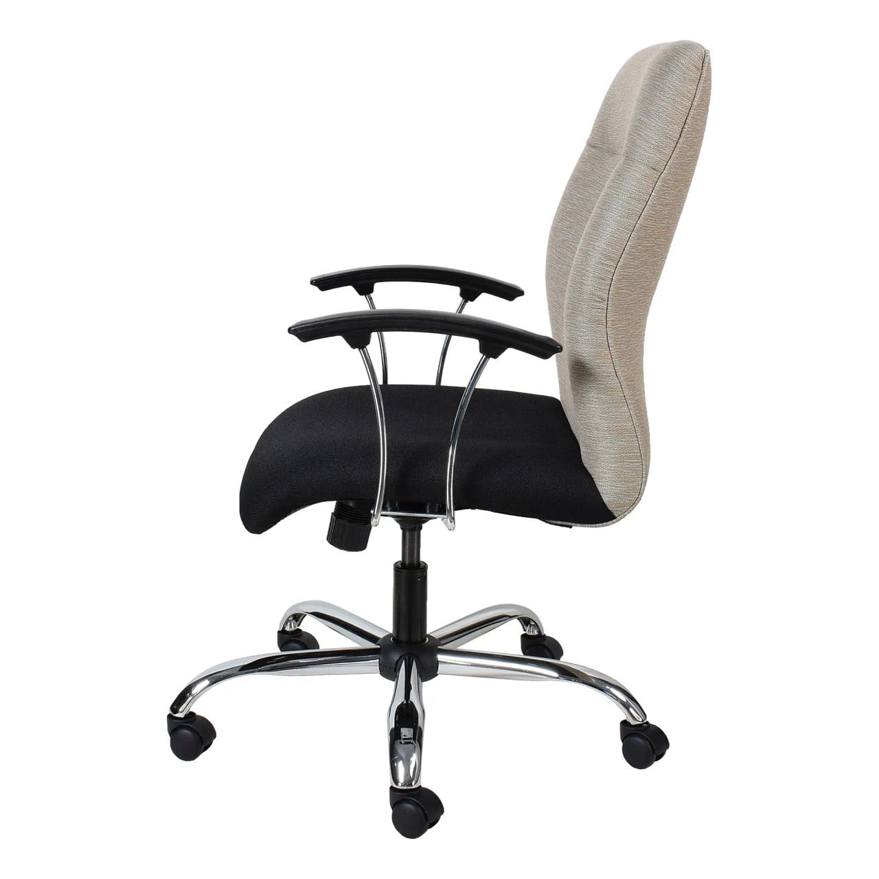 Rhona Posture Medium-back Office Chair by Office Stock South Africa, Featuring a Black Seat and Beige Backrest on a Chrome Base with Five Wheels, Ideal for Comfortable Office Seating with Ergonomic Design.