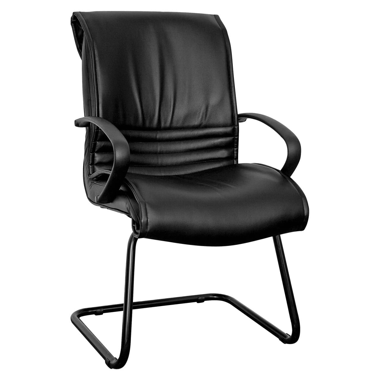 Pimento Polyurethane Arm Visitor Office Chair by 67, a Black Office Chair with Armrests, Featuring a Polyurethane Leather Seat and Backrest, and a Sturdy Metal Frame, Designed for Comfort and Durability in Corporate Environments.