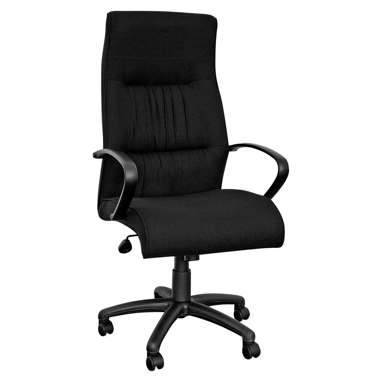 Black Salvador Chair with Polyurethane High-back, Armrests, and Five-Star Base, Showcasing Ergonomic Design and Modern Aesthetics, Presented on a White Background, from Office Stock South Africa.