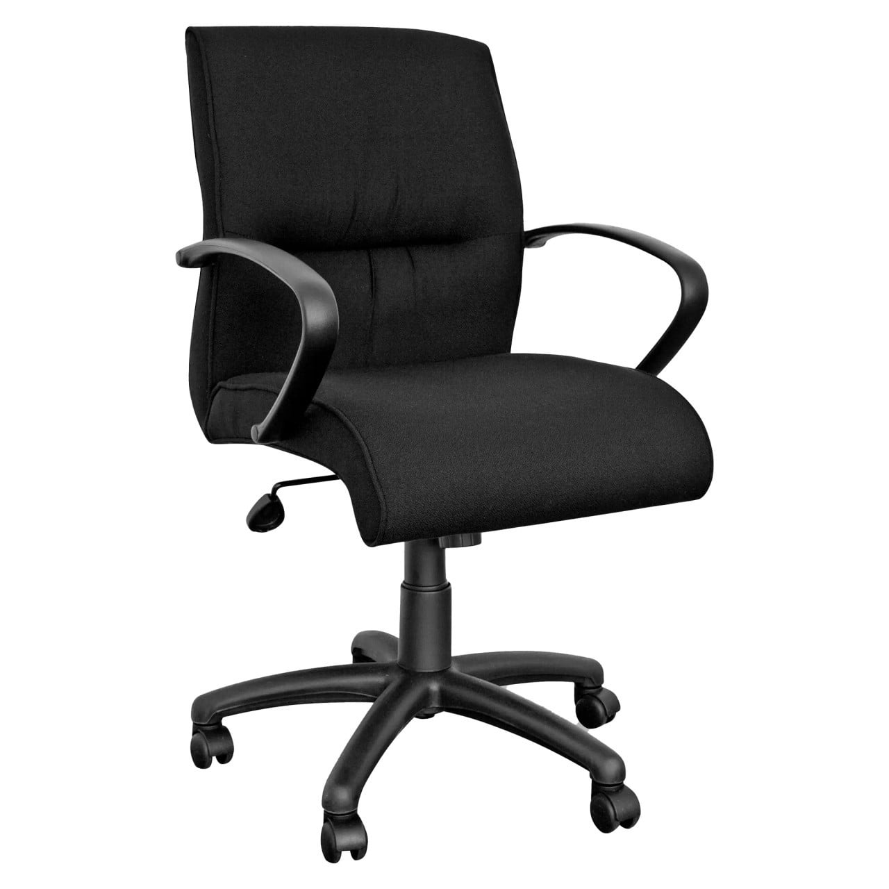 Black Salvador Polyurethane Medium-back Office Chair by Office Stock South Africa, a Durable Office Chair with Polyurethane Material, Medium-back, and Armrests, on a Five-Star Base with Wheels, Offering Comfort and Support.