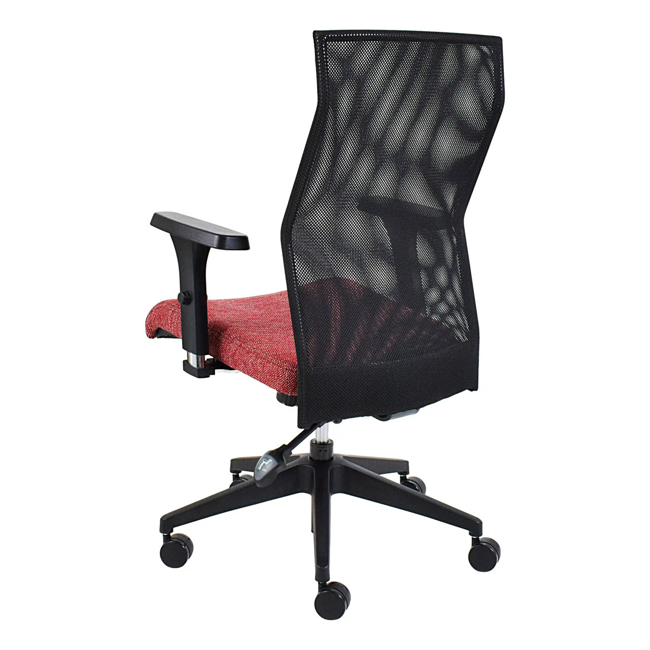 Exodus Medium-back Office Chair by Office Stock South Africa, Featuring a Black Mesh Back, Red Cushioned Seat, and Adjustable Armrest, on a Sturdy Black Base with Wheels, Perfect for Ergonomic Comfort as an Office Chair South Africa.