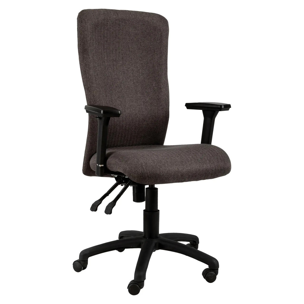 Spine High-back Chair, Ergonomic Office Chair with Dark Fabric Upholstery, Adjustable Armrests, and a Sturdy Black Five-Star Base with Casters for Mobility.