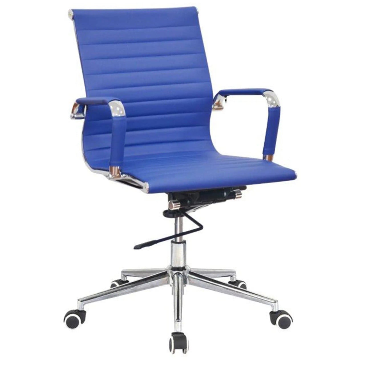 Classic Eames Ribbed Medium-back Chair, Blue Ergonomic Office Chair with Ribbed Upholstery, Chrome Accents, and Adjustable Height with Caster Wheels.