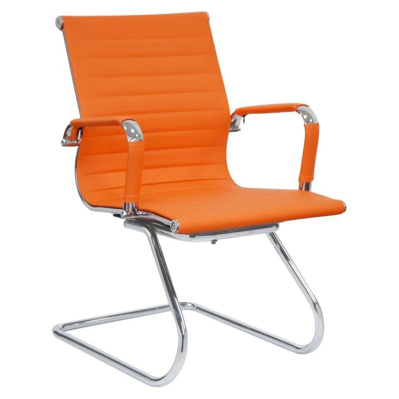Classic Eames Ribbed Visitor Office Chair, Orange Colour with Ribbed Padded Seat and Backrest, Chrome Metal Frame and Armrests.