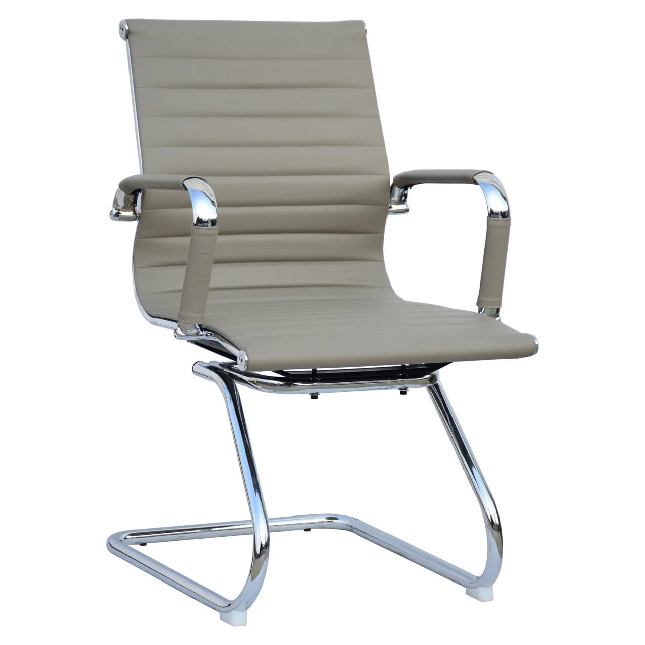 Classic Eames Ribbed Visitor Office Chair, Modern Ergonomic Office Chair with Beige Ribbed Upholstery and Sleek Chrome Frame.