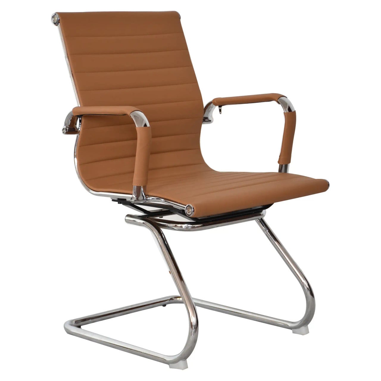 Classic Eames Ribbed Visitor Office Chair, Modern Tan Leather Seat with Ribbed Design, Polished Chrome Frame, and Armrests with Leather Padding.