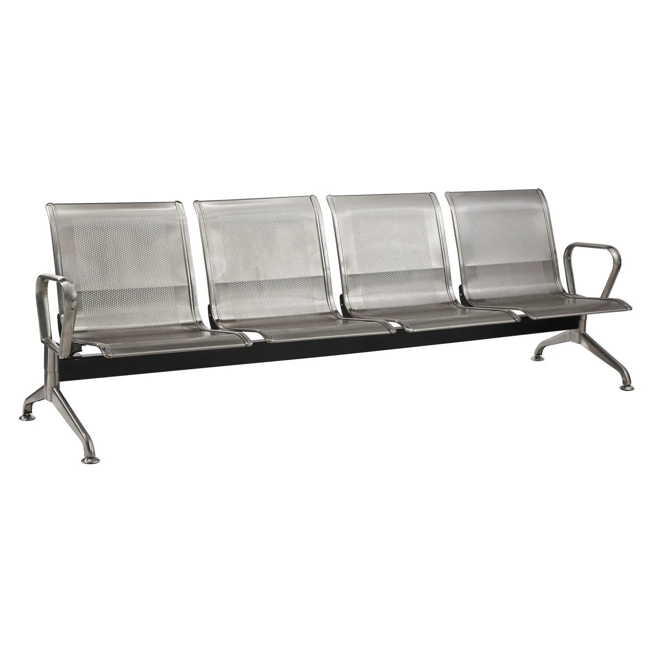 Stainless Steel Airport Bench | JOC-ABC-ASS1, Modern Airport Seating with Four Perforated Metal Seats and Armrests on a Black Base.