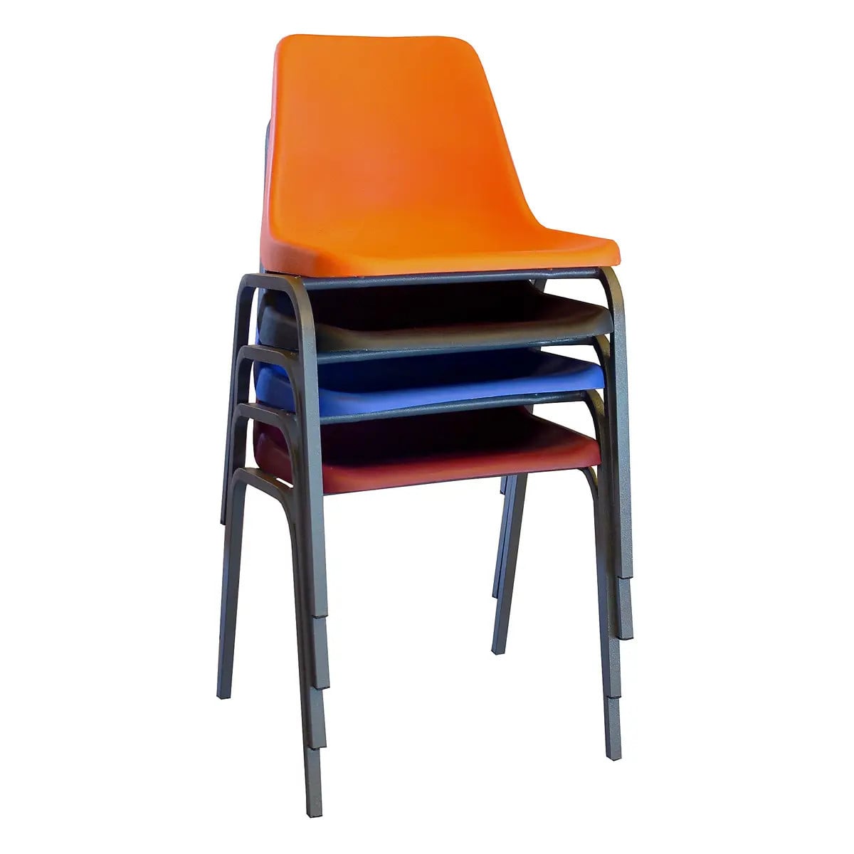 Stack of Poly Shell Primary Chairs in Orange, Blue, Grey and Red, 375 mm High, with Durable Metal Frames and Colourful Polypropylene Shells, Showcasing a Durable Chair Solution with a Sturdy Structure and Sleek Aesthetic.