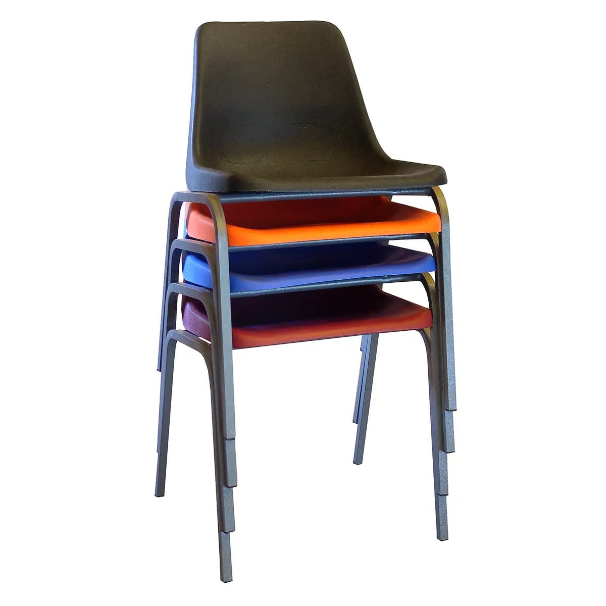 Stack of Poly Shell Primary Chairs in Various Colours, 375 mm High, by Office Stock South Africa, Featuring a Durable Design Suitable for Educational, Corporate, and Hospitality Settings as a Reliable Hospitality Chair with a Supportive Structure.