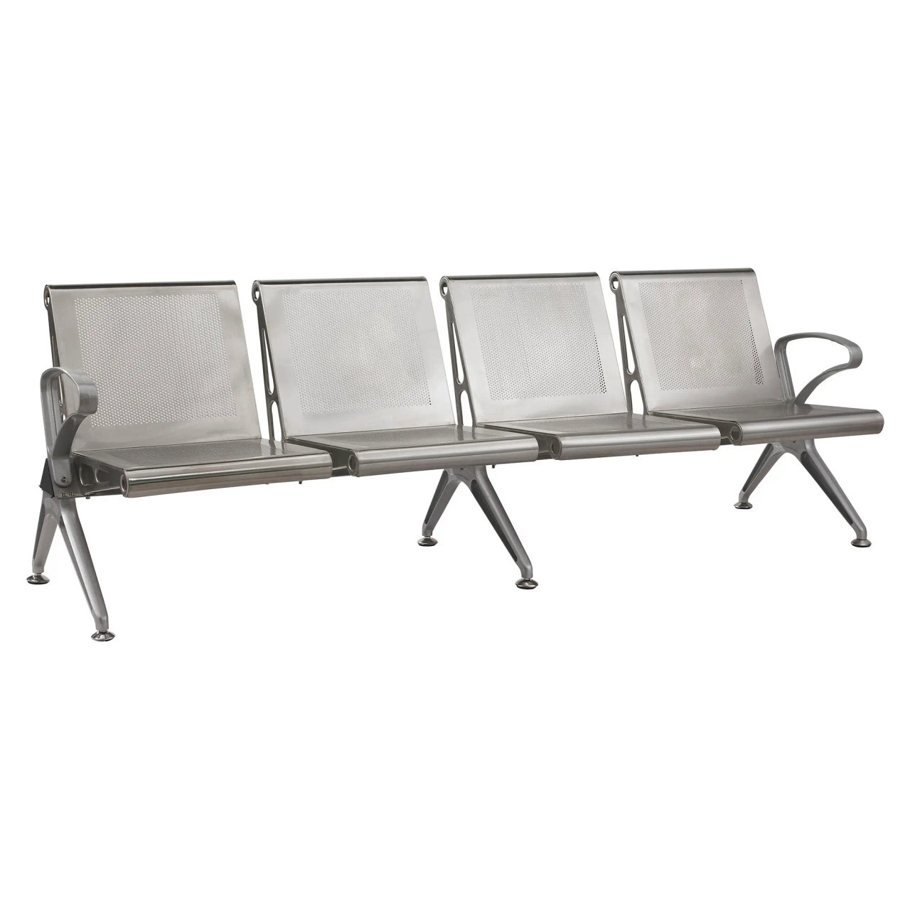 Die Cast Aluminium Airport Bench | JOC-ABC-ADCA3, Metallic Seating Bench with Four Seats, Perforated Backrests, Armrests, and Angled Legs.