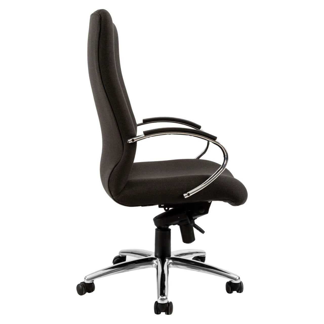 Texas Heavy Duty High-back Office Chair, Black Leather Ergonomic Chair with Chrome Armrests and a Rolling Base.