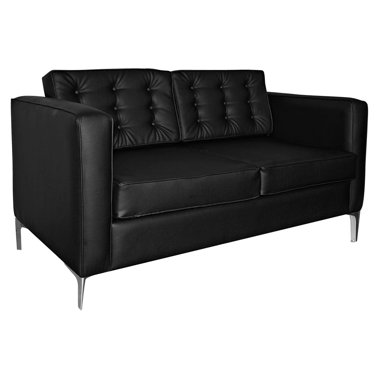St. Helena Sofa Double Seater, Black Leather Sofa with Tufted Back Cushions and Sleek Metal Legs.