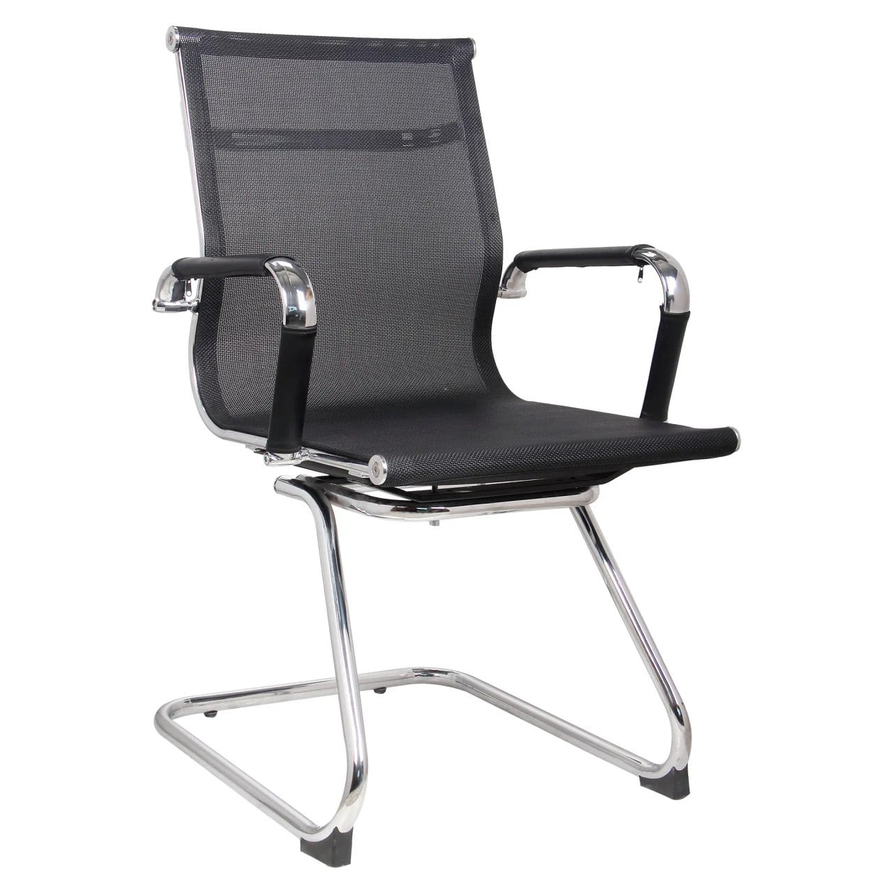 Classic Eames Mesh Visitor Office Chair by 67, a Modern Receptionist Chair with a Black Mesh Back and Seat, Chrome Metal Frame, and Armrests, Showcasing a Sleek and Ergonomic Design for Office Use.