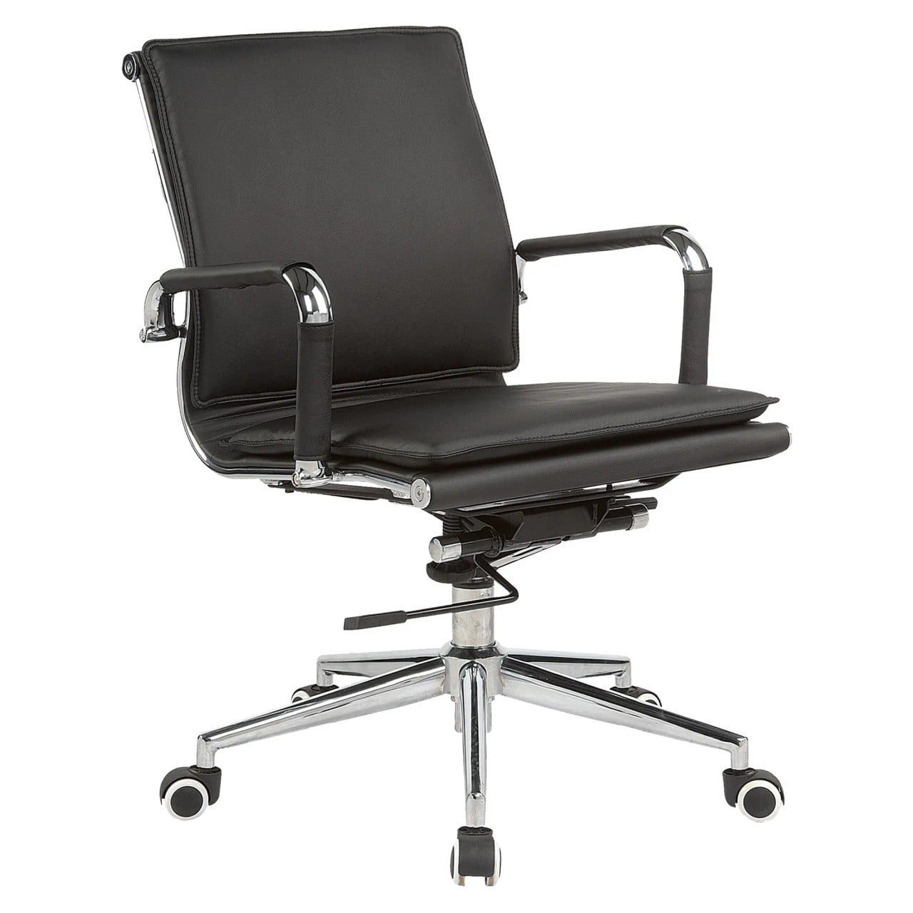Classic Eames Flat Cushion Medium-back Chair, Black Leather Office Chair with Chrome Armrests and Base, Adjustable Height, and Swivel Casters.