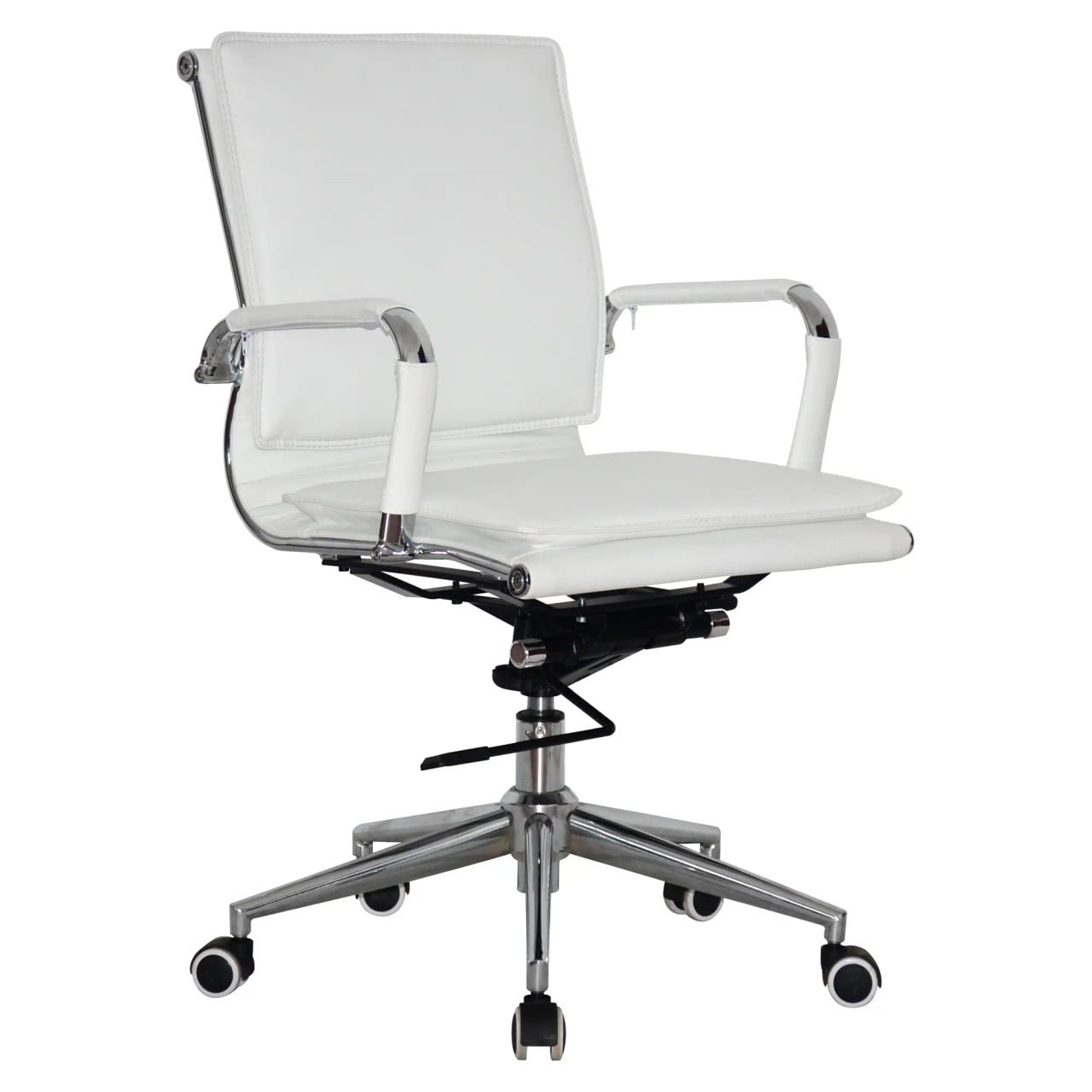 Classic Eames Flat Cushion Medium-back Chair, Modern White Office Chair with Cushioned Seat and Backrest, Chrome Armrests and Base with Caster Wheels.