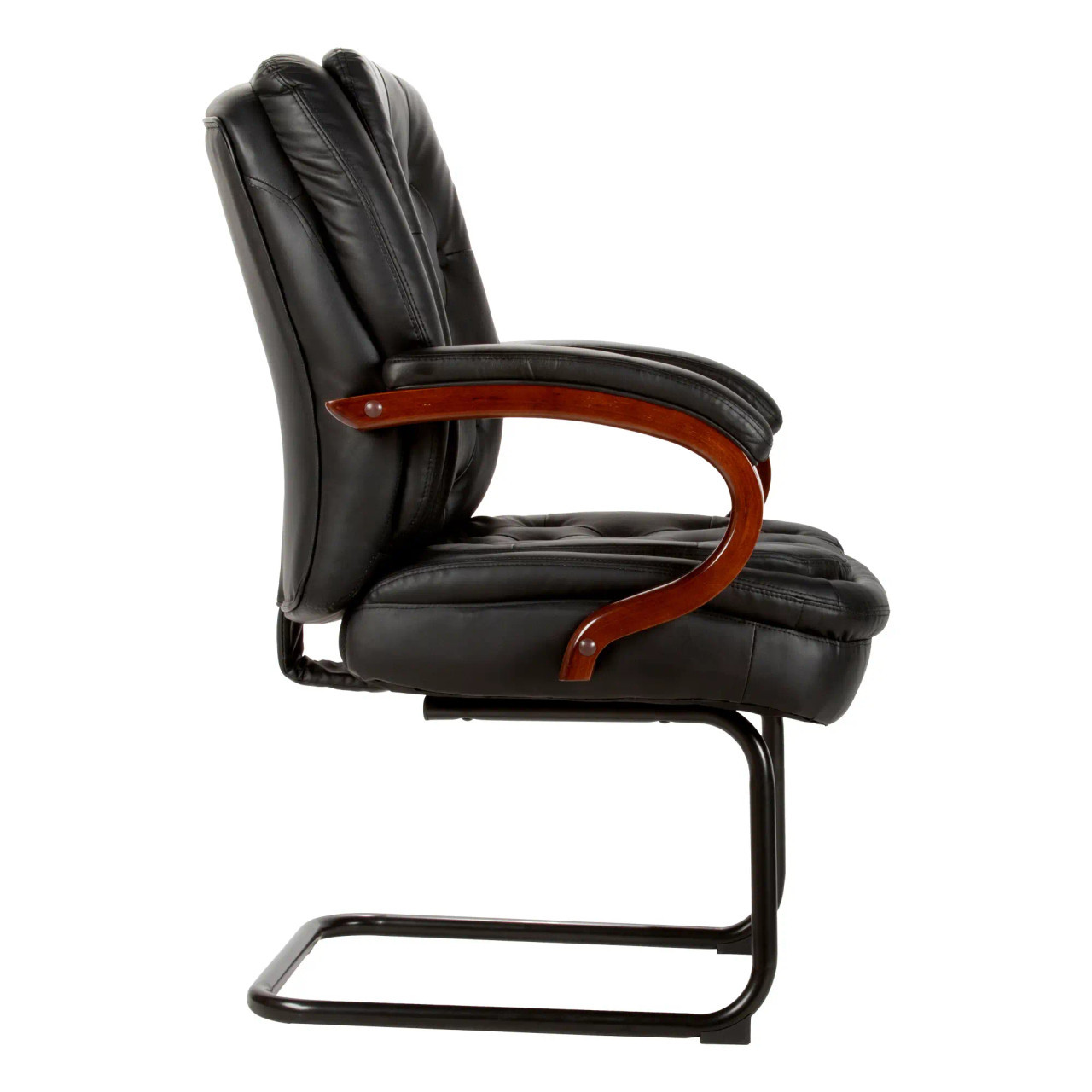 Bentley visitors chair in black bonded leather, with solid wooden arms, soft padding and a black powder-coated sleigh base frame. The image is a side view of the chair.