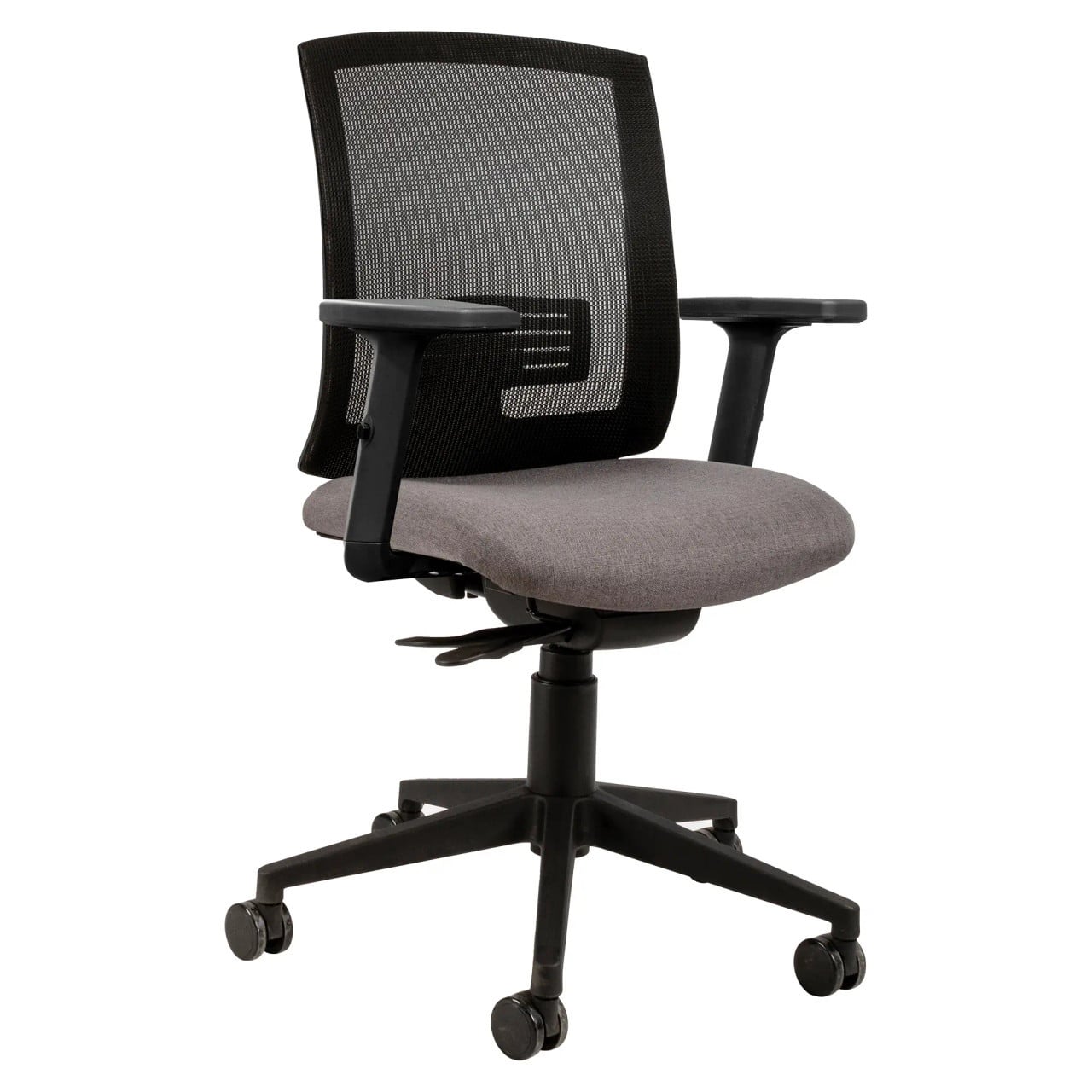 Twist Operators Office Chair, Ergonomic Office Chair with a Black Mesh Backrest, Adjustable Armrests, and a Cushioned Grey Seat for Ergonomic Office Seating.