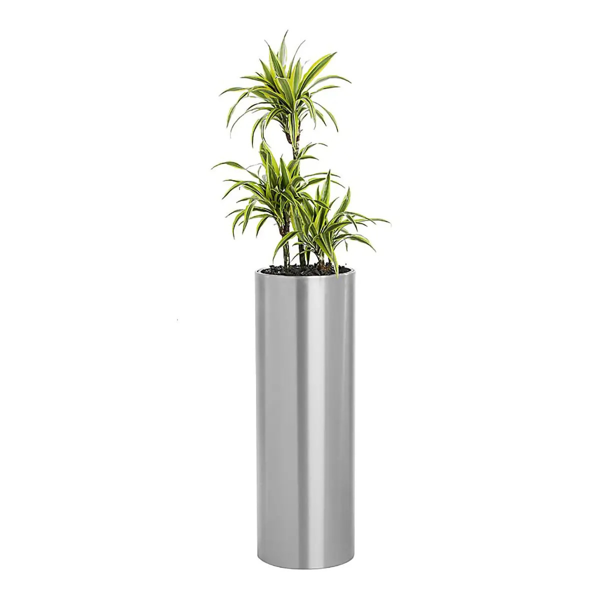 Round Solid 32 cm Liner, a Cylindrical Metallic Plant Holder with a Green Leafy Plant Inside.