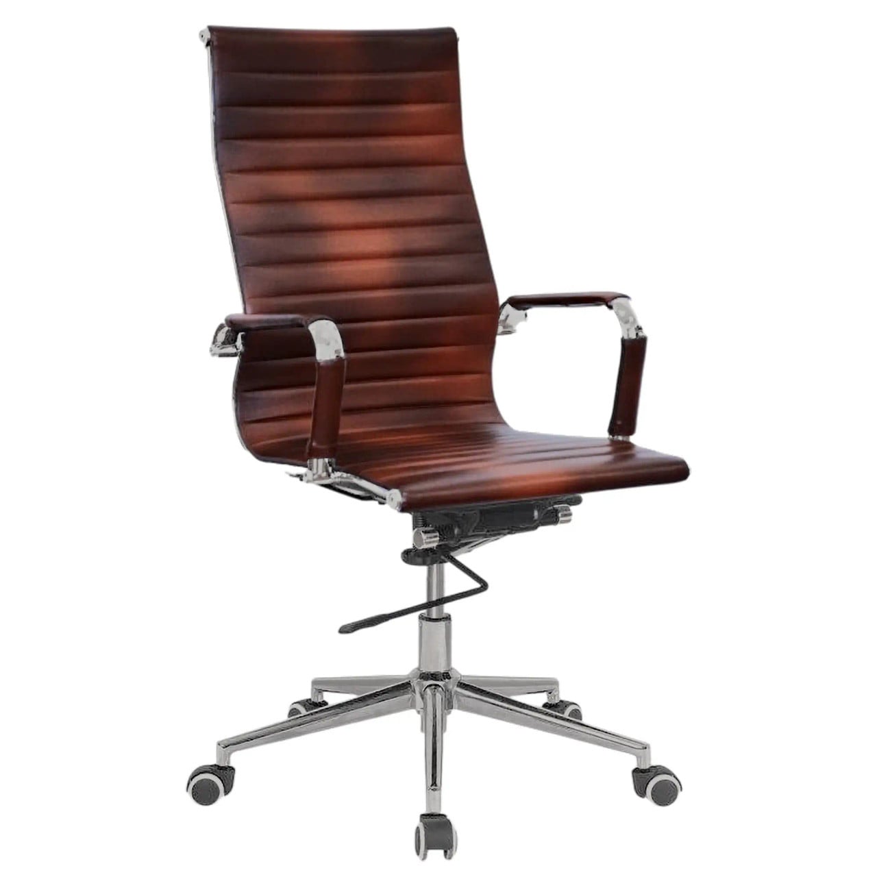 Classic Eames Ribbed High-back Chair, Stylish Office Chair with a High Backrest, Ribbed Leather Upholstery, and Chrome Armrests and Base.
