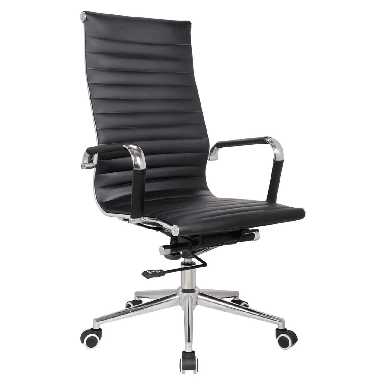 Classic Eames Ribbed High-back Chair, Black Leather Ergonomic Office Chair with Chrome Armrests and a Silver Base with Caster Wheels.
