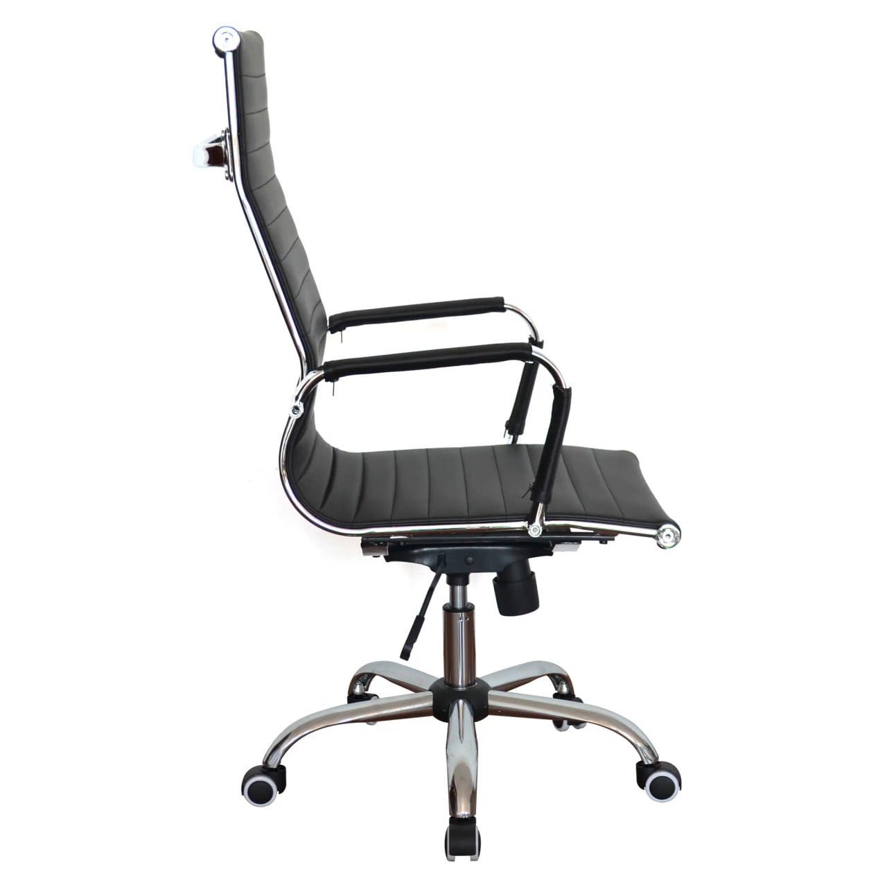 Generic High-back Office Chair, a Black Ergonomic Office Chair with High Backrest, Armrests, and Adjustable Height, Featuring a Chrome-Finished Base with Wheels for Mobility.